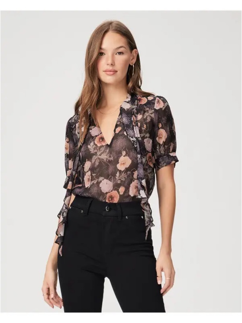 PAIGE Black Sheer Floral Tie-Neck Blouse